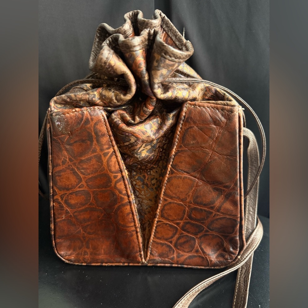 80s Brown Leather Box Bag Reptile Embossed Marble Ruched Drawstring Crossbody - Picture 2 of 8